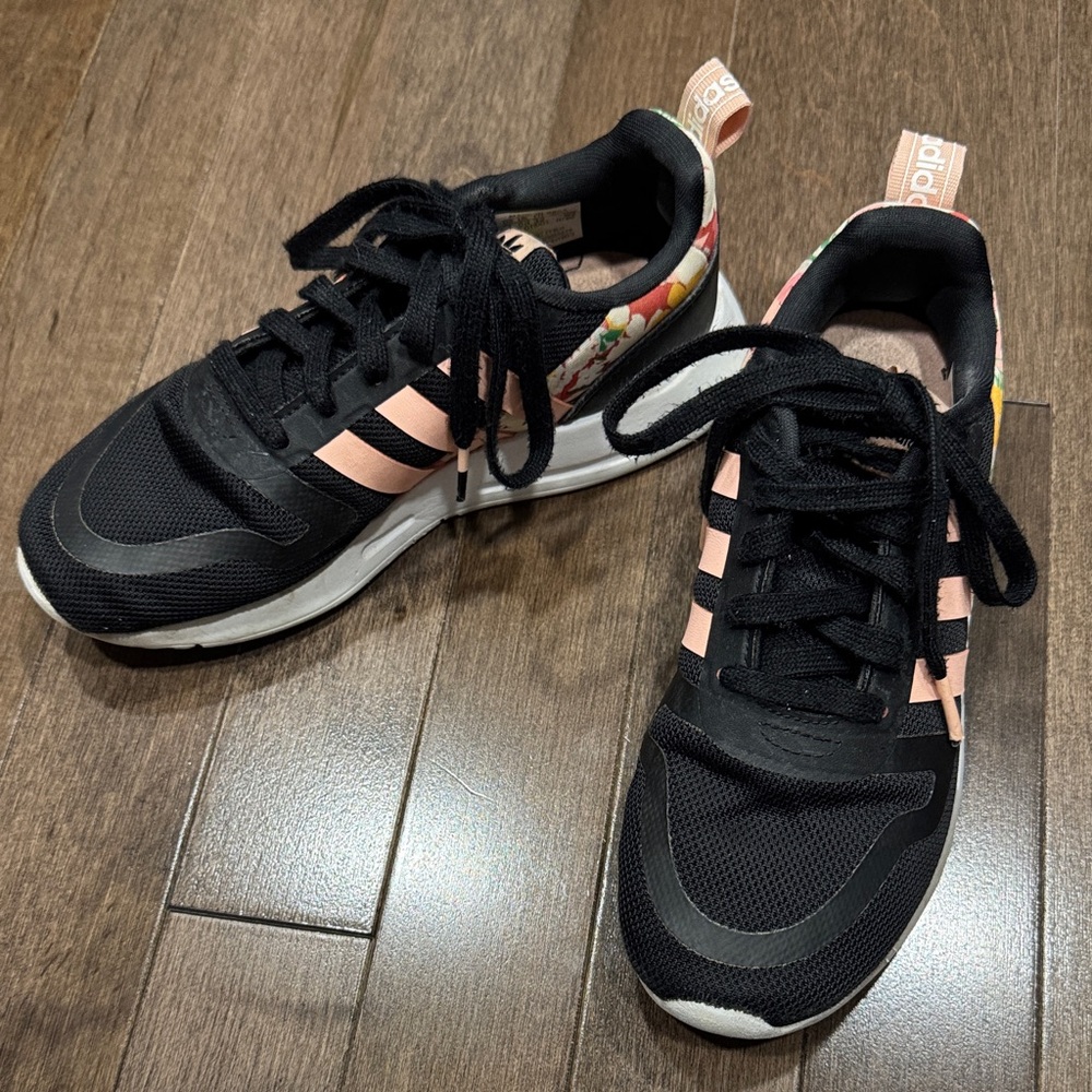 Adidas Black and Pink Floral Sneakers